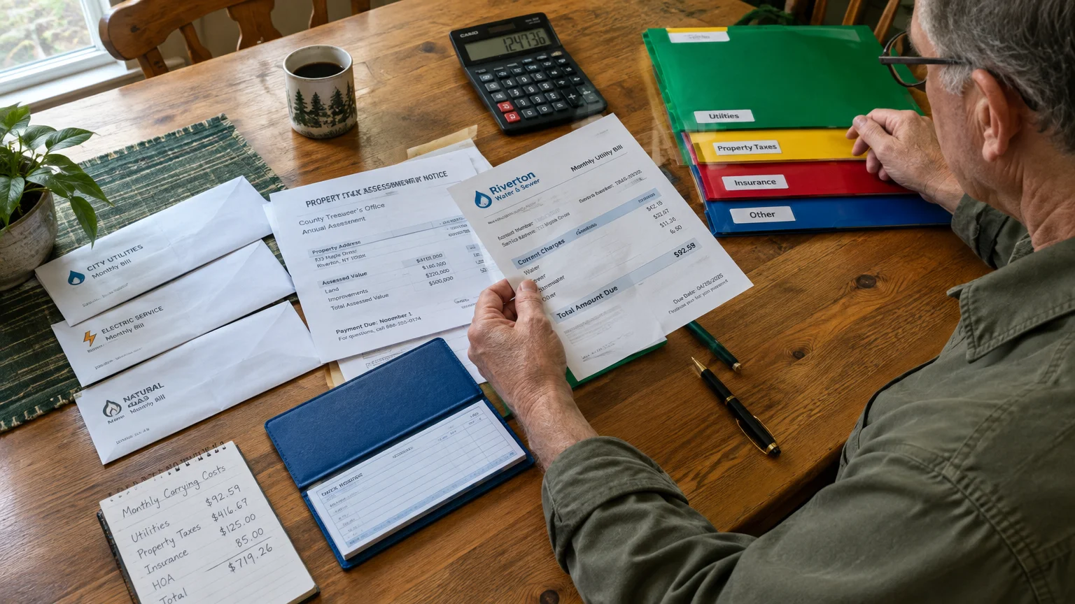A man reviews utility bills, tax notices, and a checkbook at a wooden table with folders and a calculator.