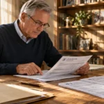 Older man wearing glasses sits at a wooden desk reviewing a Social Security statement and tax documents.
