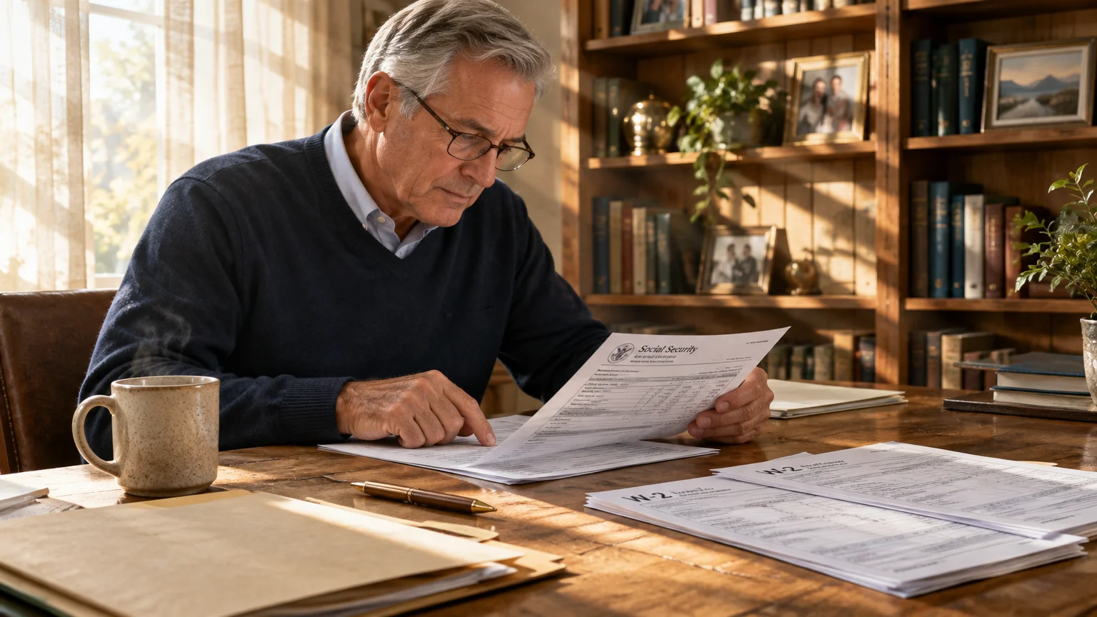 Older man wearing glasses sits at a wooden desk reviewing a Social Security statement and tax documents.