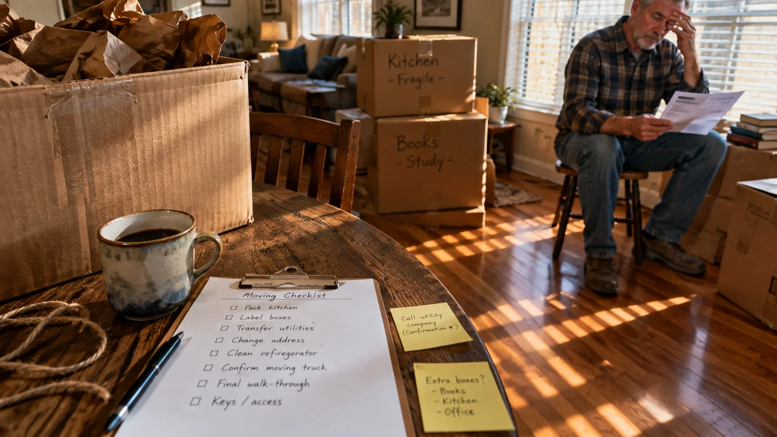 Moving checklist and coffee mug on a table in the foreground while a stressed older man reads paperwork near moving boxes.