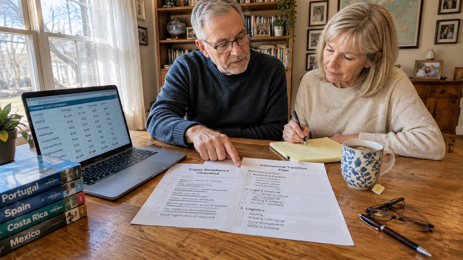 Mature couple at a wooden table reviewing printed relocation checklists and a laptop spreadsheet comparing overseas costs.
