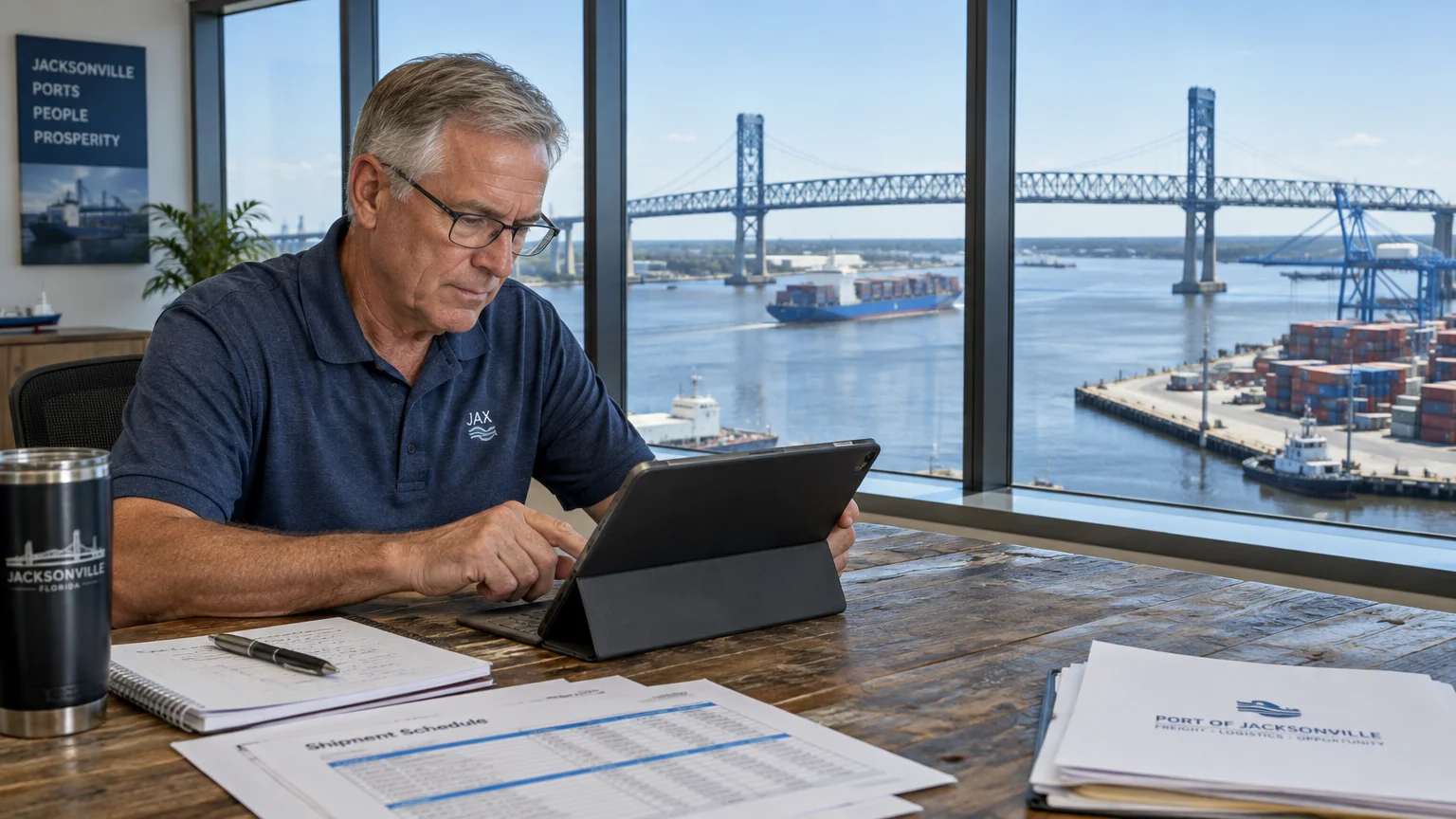 A senior man works on a digital tablet in an office overlooking a busy shipping port and large bridge.