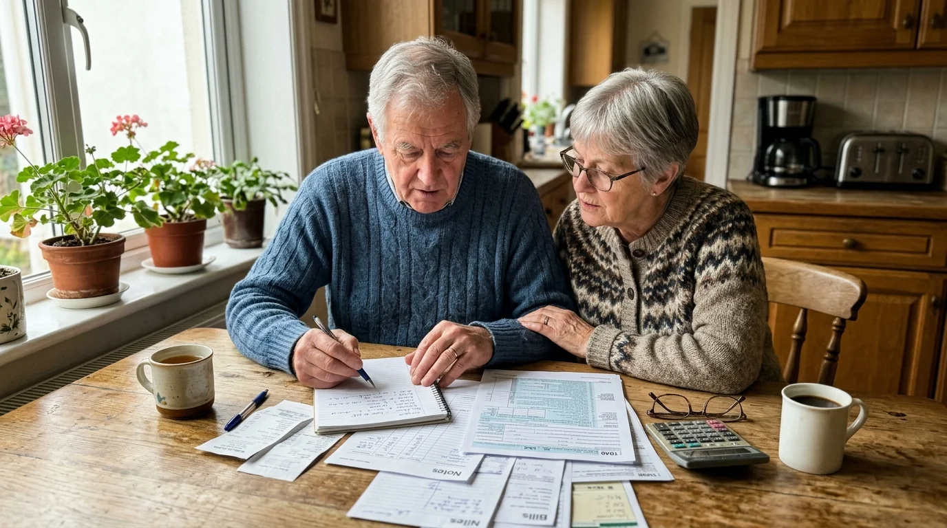 An older couple sitting at a wooden kitchen table reviewing paperwork, writing in a notebook near a calculator and mugs.