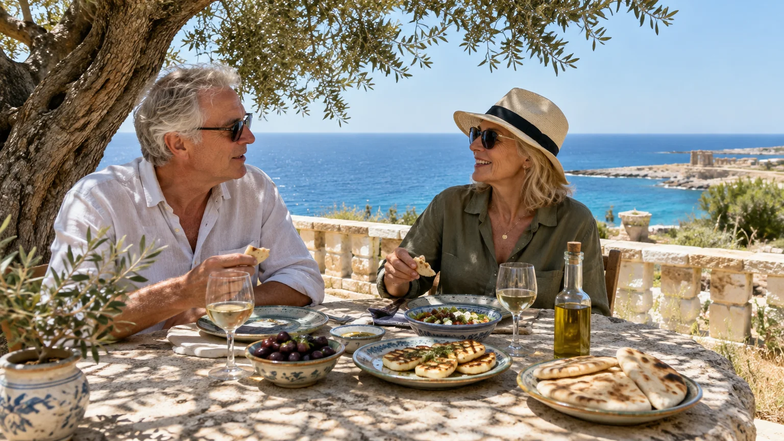 A couple enjoys lunch with wine and flatbread at an outdoor stone table overlooking the Mediterranean Sea.