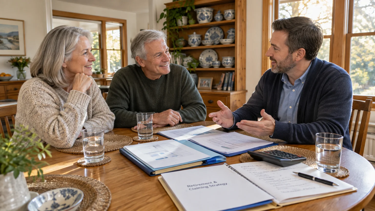 A senior couple sits at a dining table discussing retirement paperwork with a male financial advisor.