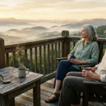An older couple sits on a wooden deck holding mugs and looking out over misty, sunlit mountains.