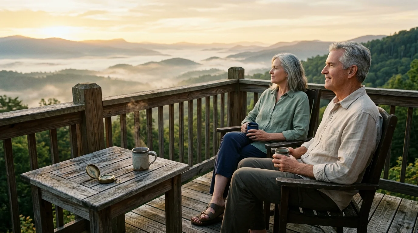 An older couple sits on a wooden deck holding mugs and looking out over misty, sunlit mountains.