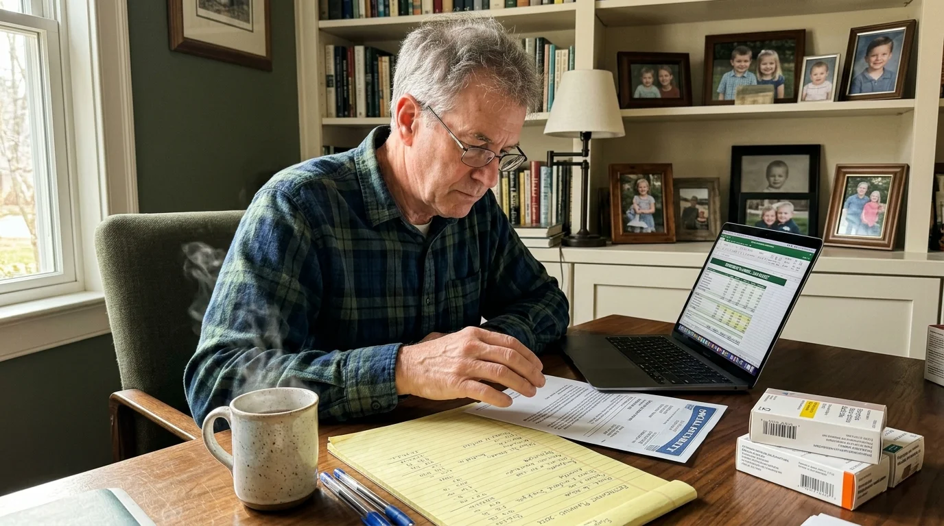 A man wearing glasses reviews documents and a laptop spreadsheet at a wooden desk with coffee and medication boxes.