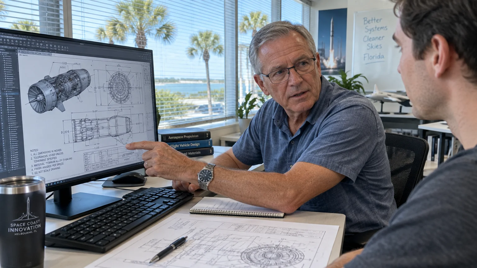 An older man points at an engine schematic on a computer monitor while speaking with a younger man at an office desk.