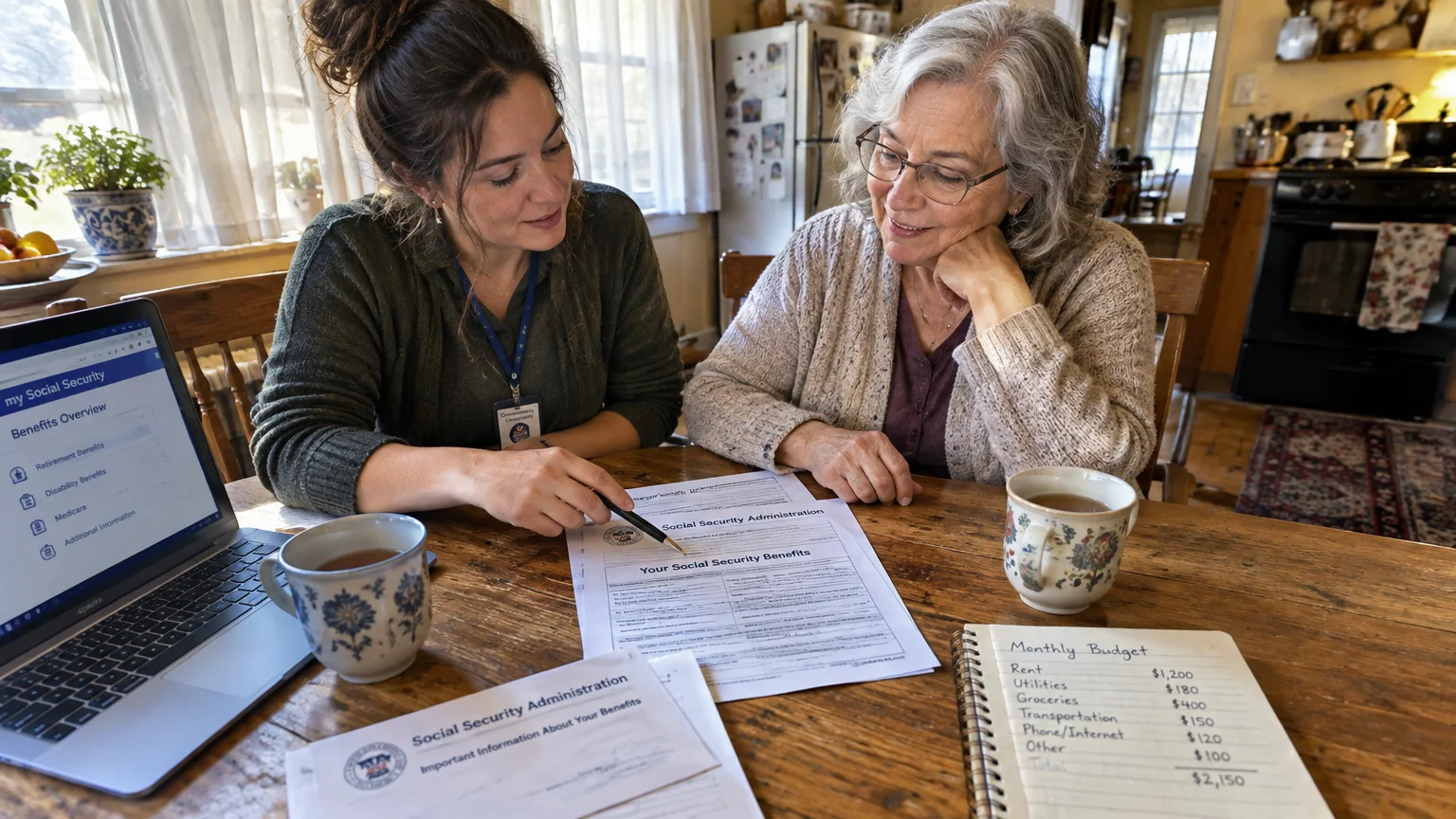 A younger woman and an older woman sit at a wooden table reviewing Social Security documents and a monthly budget.