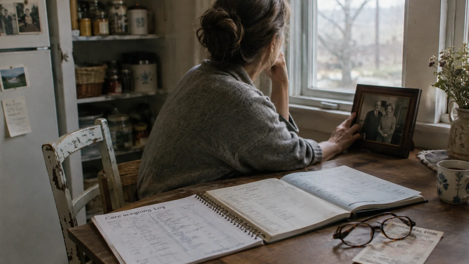 Woman sitting at a table with open caregiving logs, gazing out a window while holding a framed portrait of a couple.