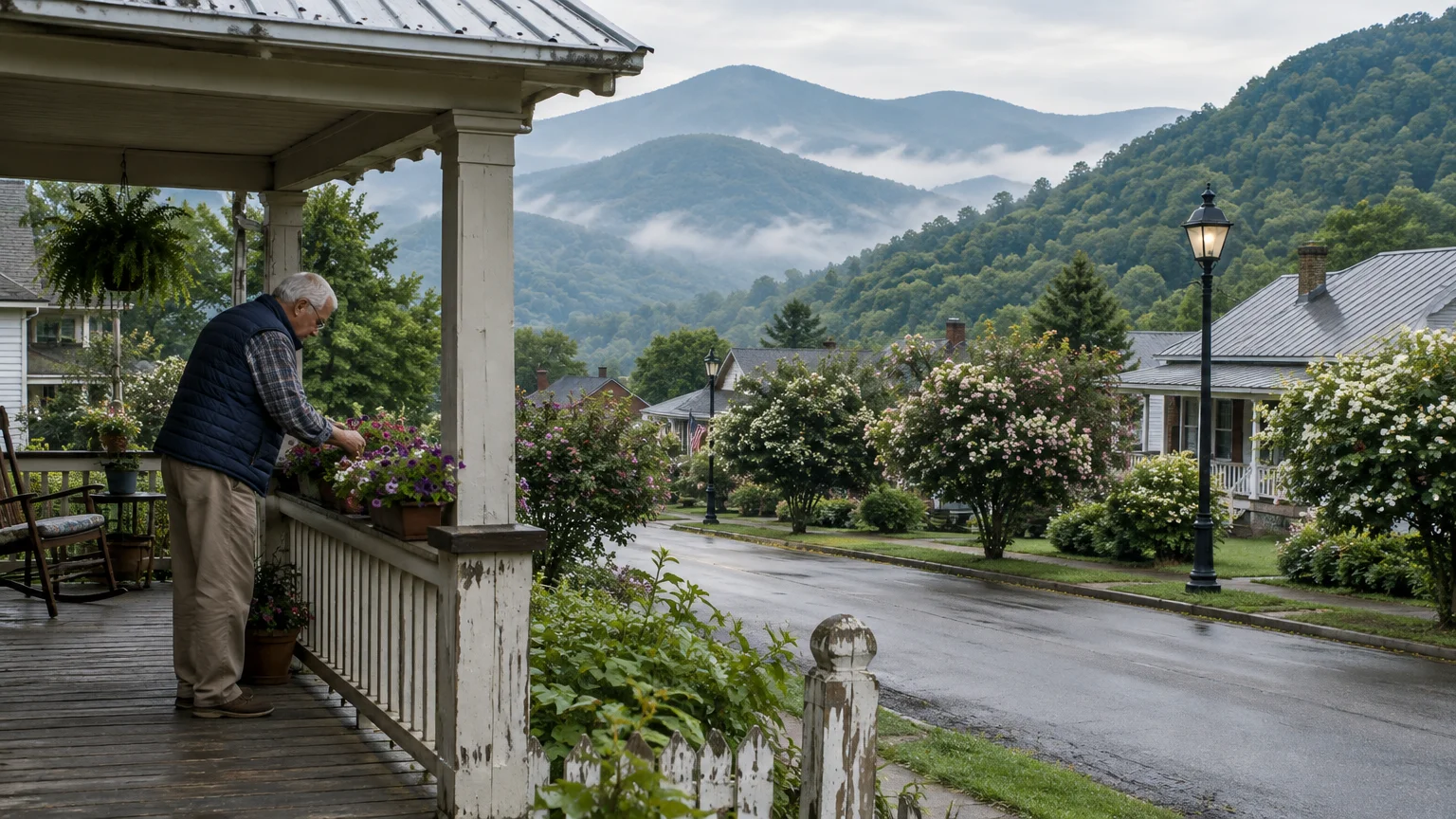 Older man tending flower boxes on a porch overlooking a quiet residential street and foggy mountains.
