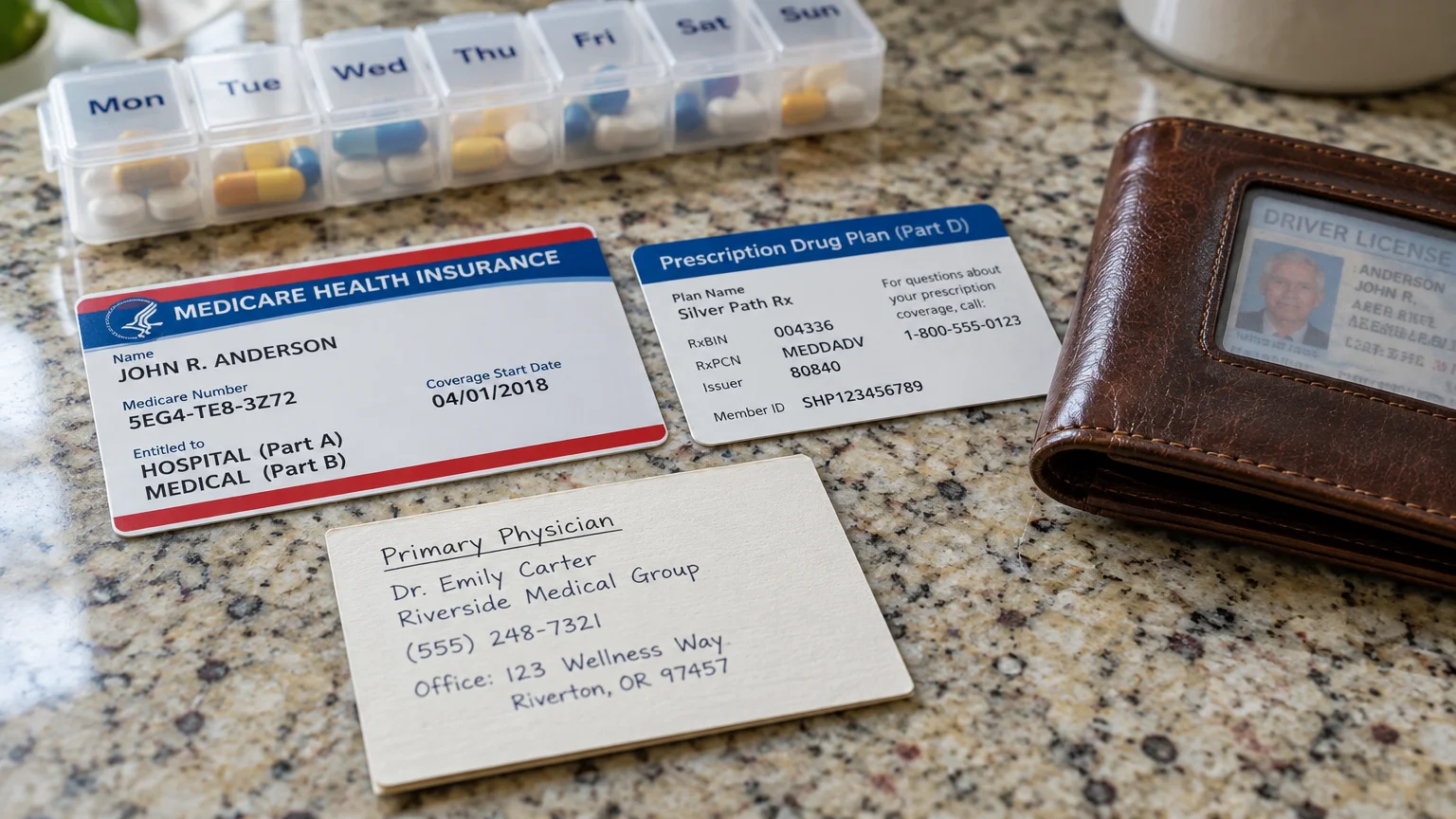 A Medicare card, Part D prescription card, doctor contact card, pill organizer, and wallet on a counter.