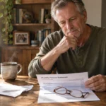 A mature man sits at a wooden table reviewing a monthly pension statement with eyeglasses and a steaming coffee mug nearby.