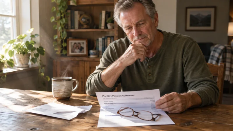 A mature man sits at a wooden table reviewing a monthly pension statement with eyeglasses and a steaming coffee mug nearby.
