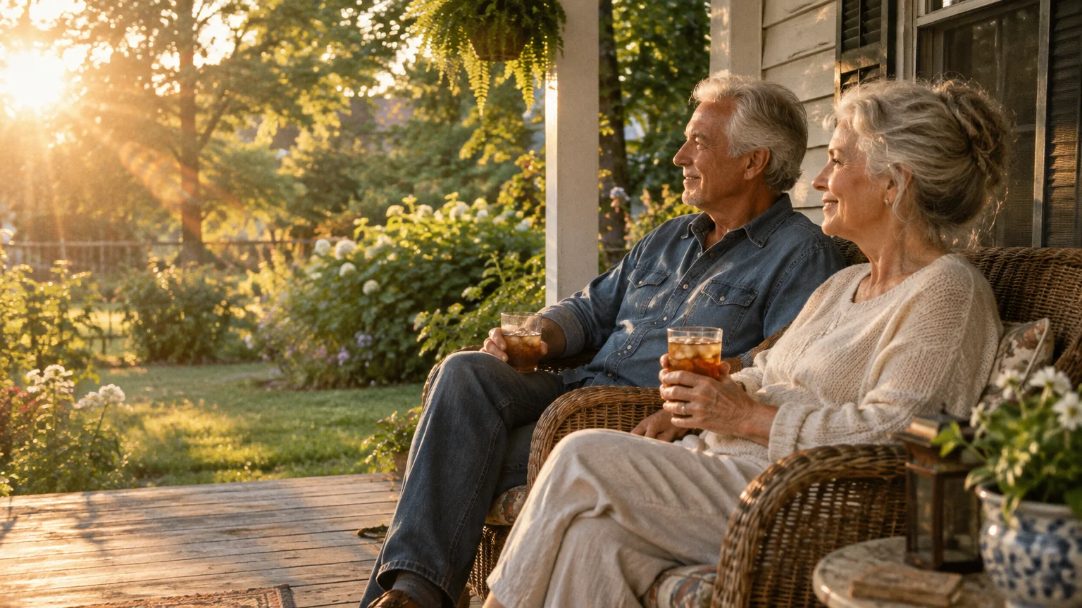 Senior couple sitting in wicker chairs on a wooden porch holding drinks while looking out at a sunny garden.