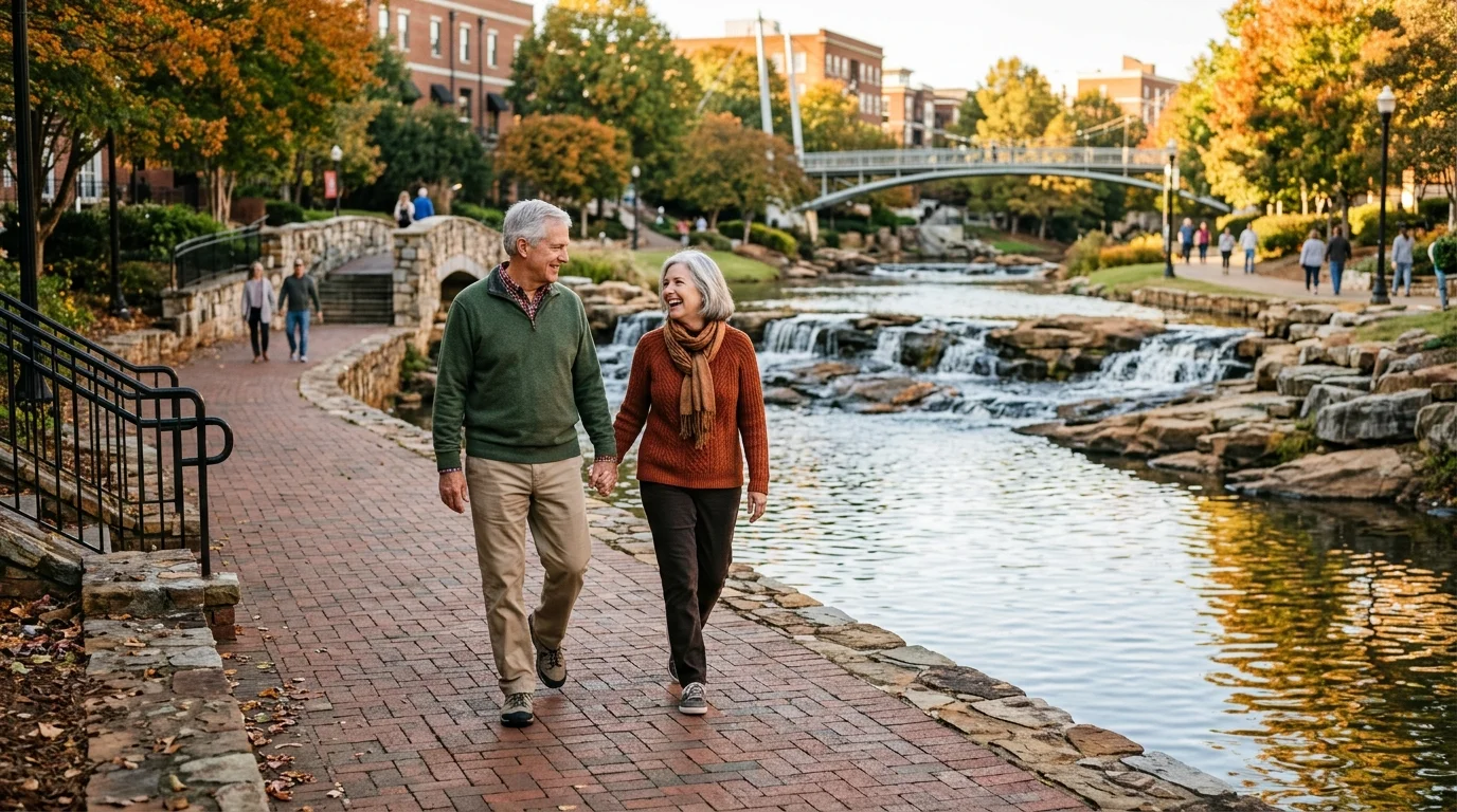 Older couple holding hands and walking on a paved riverside path near waterfalls and autumn trees.
