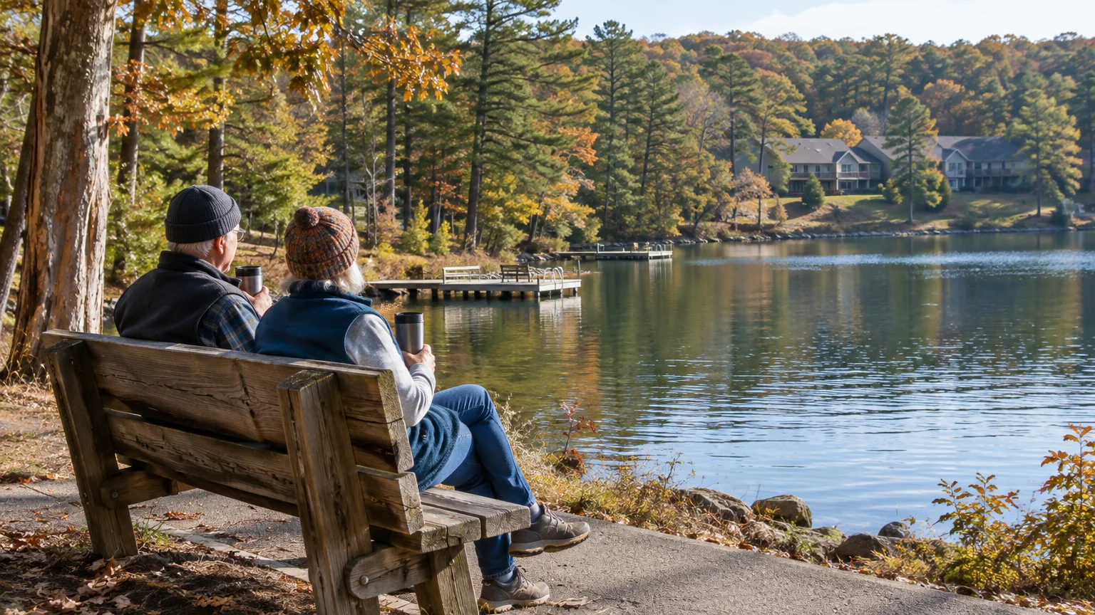 An older couple sitting on a wooden bench overlooking a calm lake surrounded by autumn trees and lakeside homes.