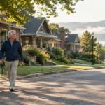 An older man walks a golden retriever down a quiet, sunlit neighborhood street lined with craftsman-style homes.
