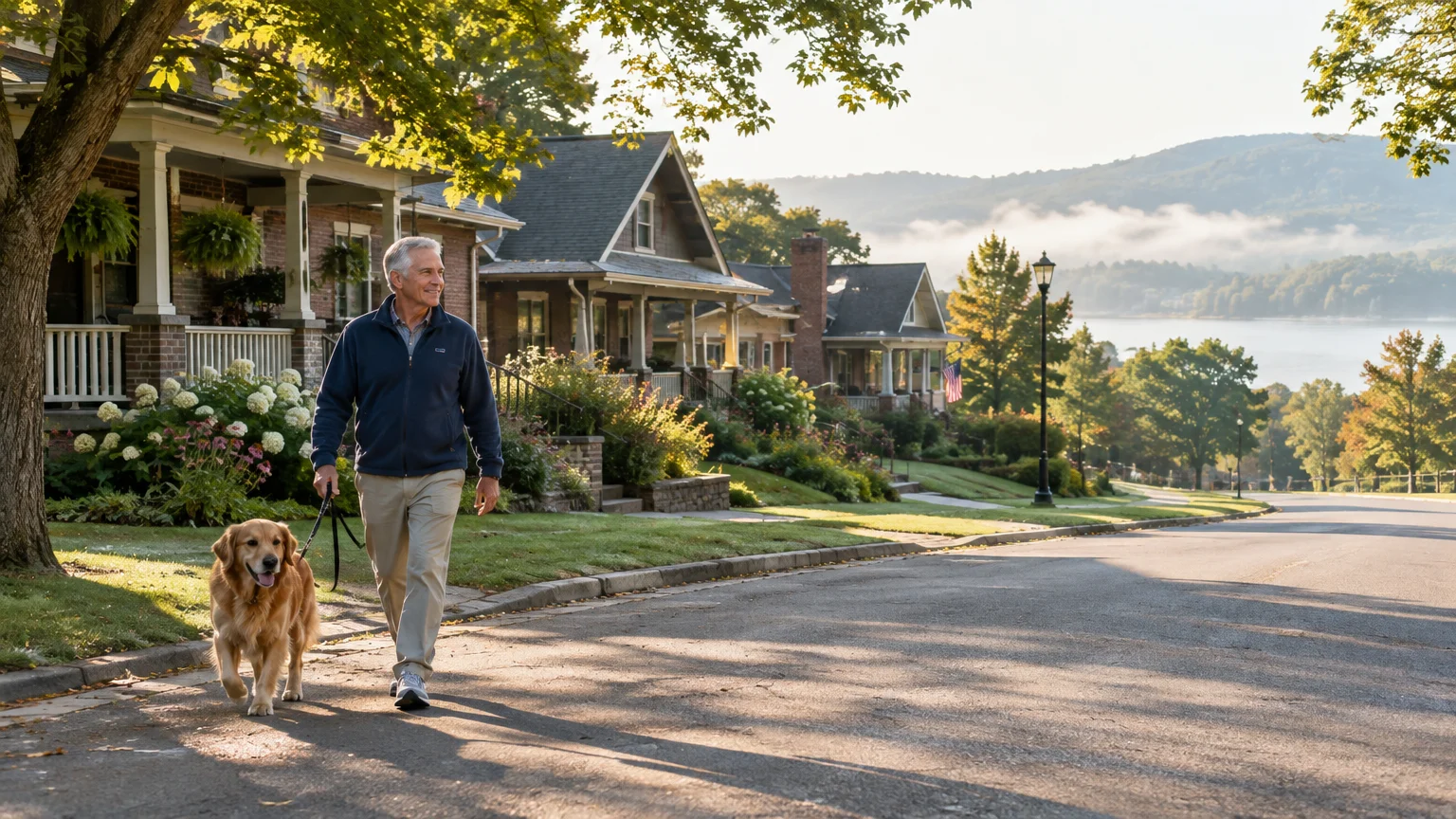 An older man walks a golden retriever down a quiet, sunlit neighborhood street lined with craftsman-style homes.