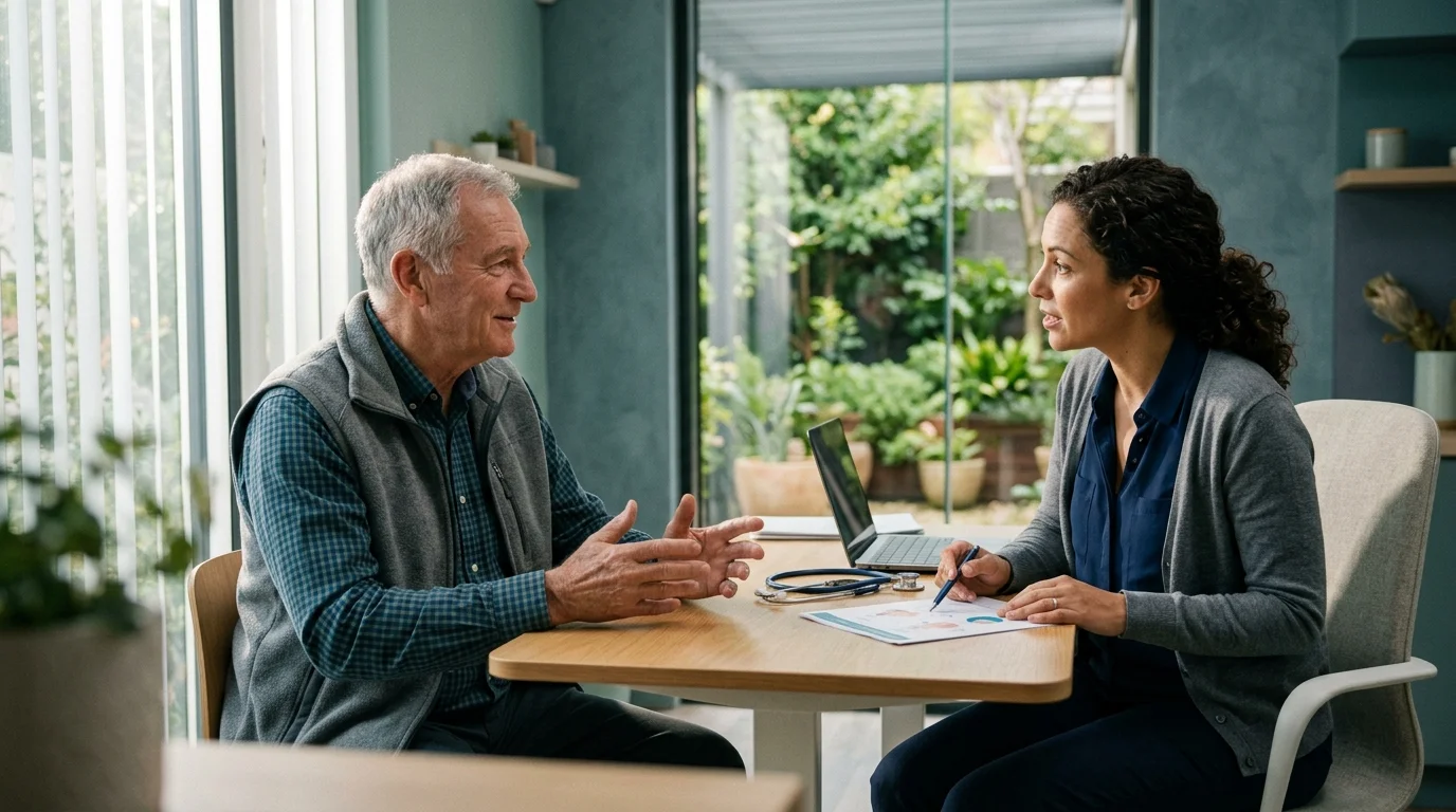 An older man speaks across a table with a female healthcare professional holding a pen beside a stethoscope and laptop.