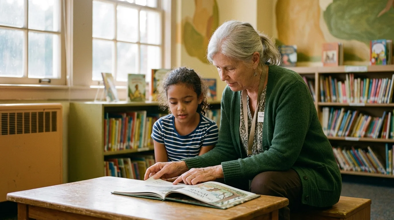 A senior woman in a green cardigan reads an open book with a young girl at a small wooden table in a library.