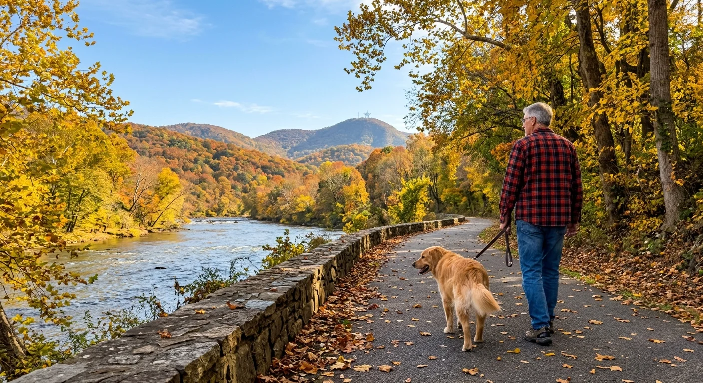 A man walks a golden retriever on a paved riverside path bordered by a stone wall, autumn foliage, and distant mountains.