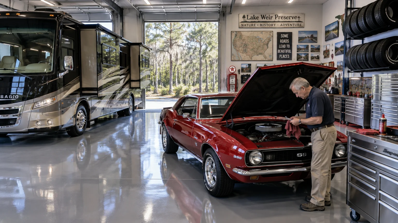 A man works on an engine of a red classic car inside a spacious garage parked beside a large motorhome.