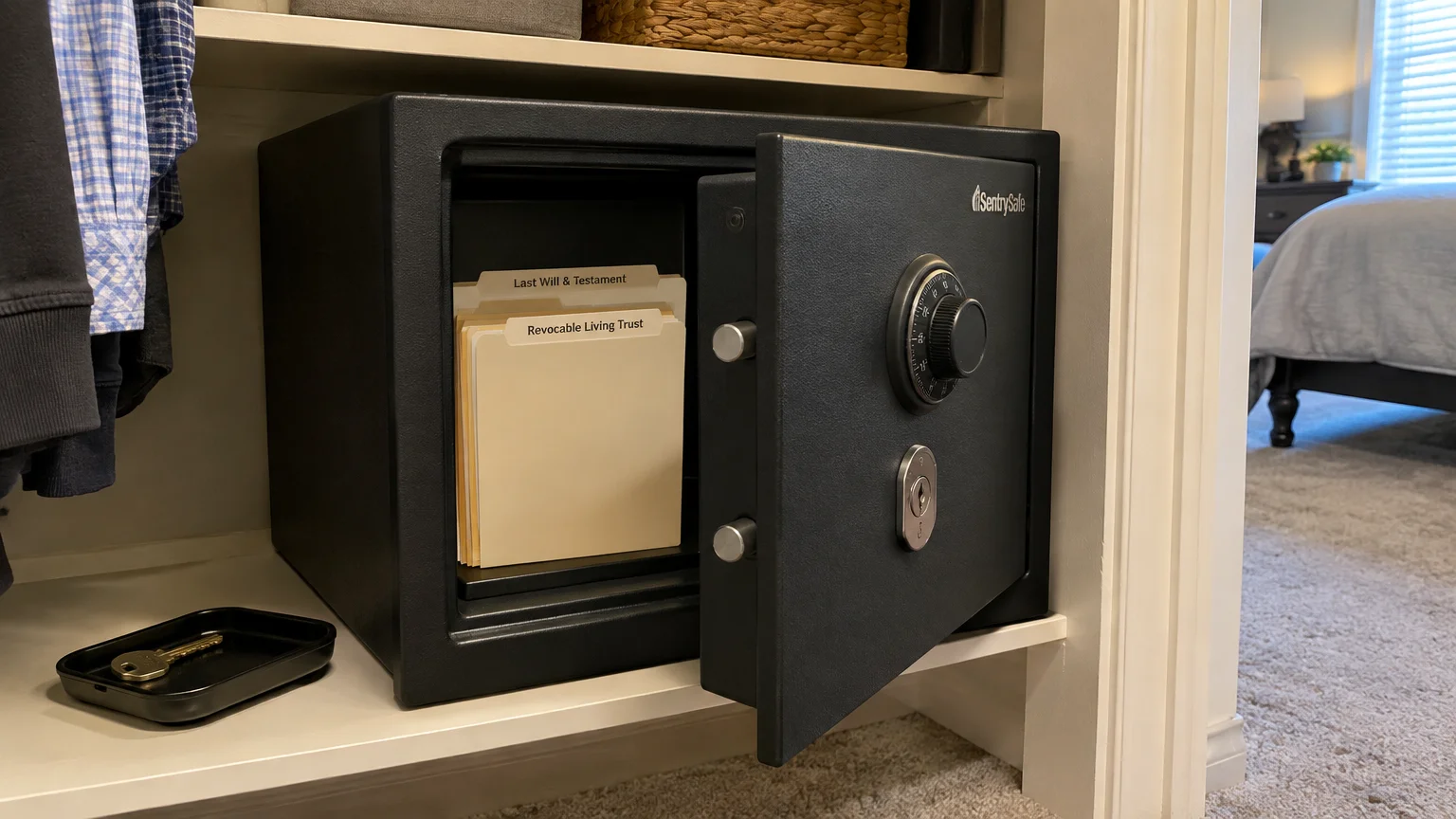 An open black safe on a closet shelf holds folders labeled Last Will and Testament and Revocable Living Trust.