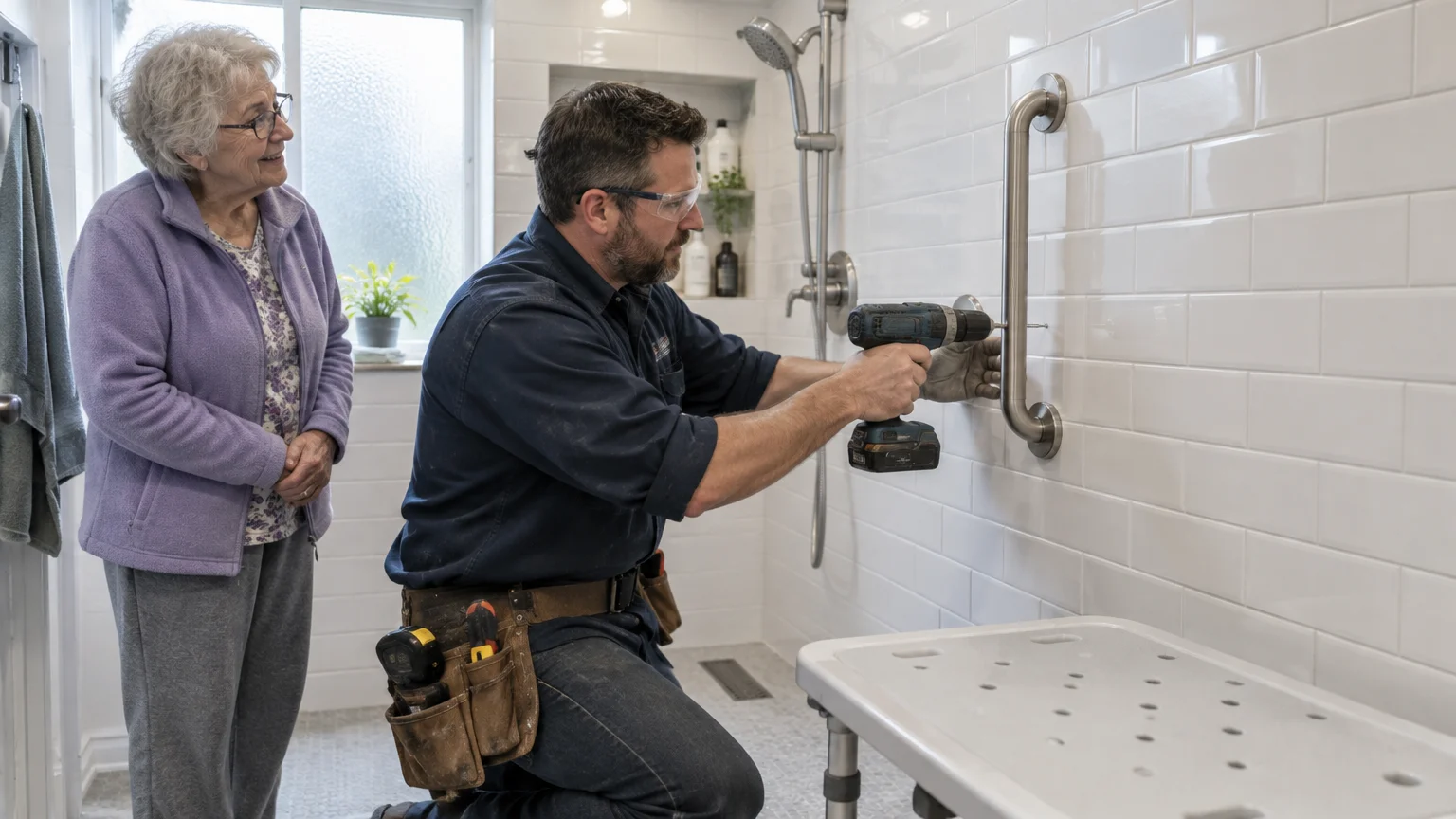 A contractor with a power drill installs a metal safety grab bar on tiled shower wall as an older woman watches.
