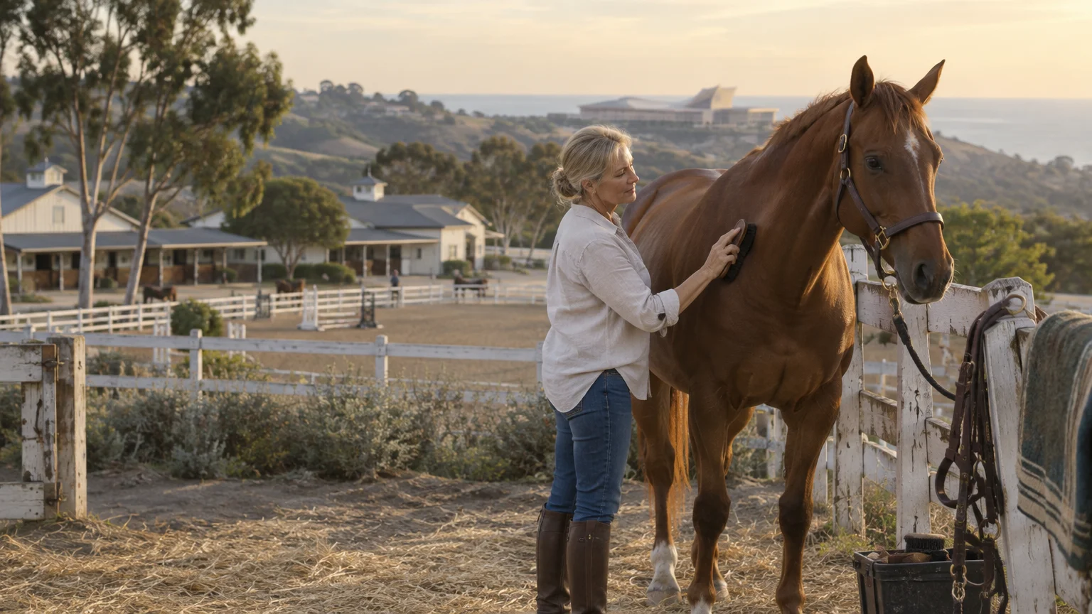 A woman brushes a brown horse next to a white fence, overlooking riding rings, stables, and a distant coastal view.