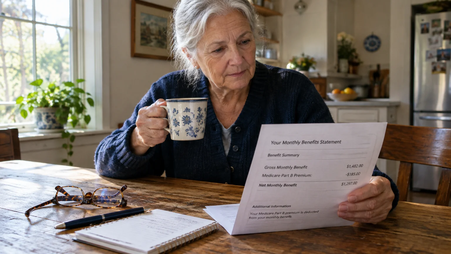 An older woman drinking from a mug reads a monthly benefits statement showing a Medicare Part B deduction at a table.