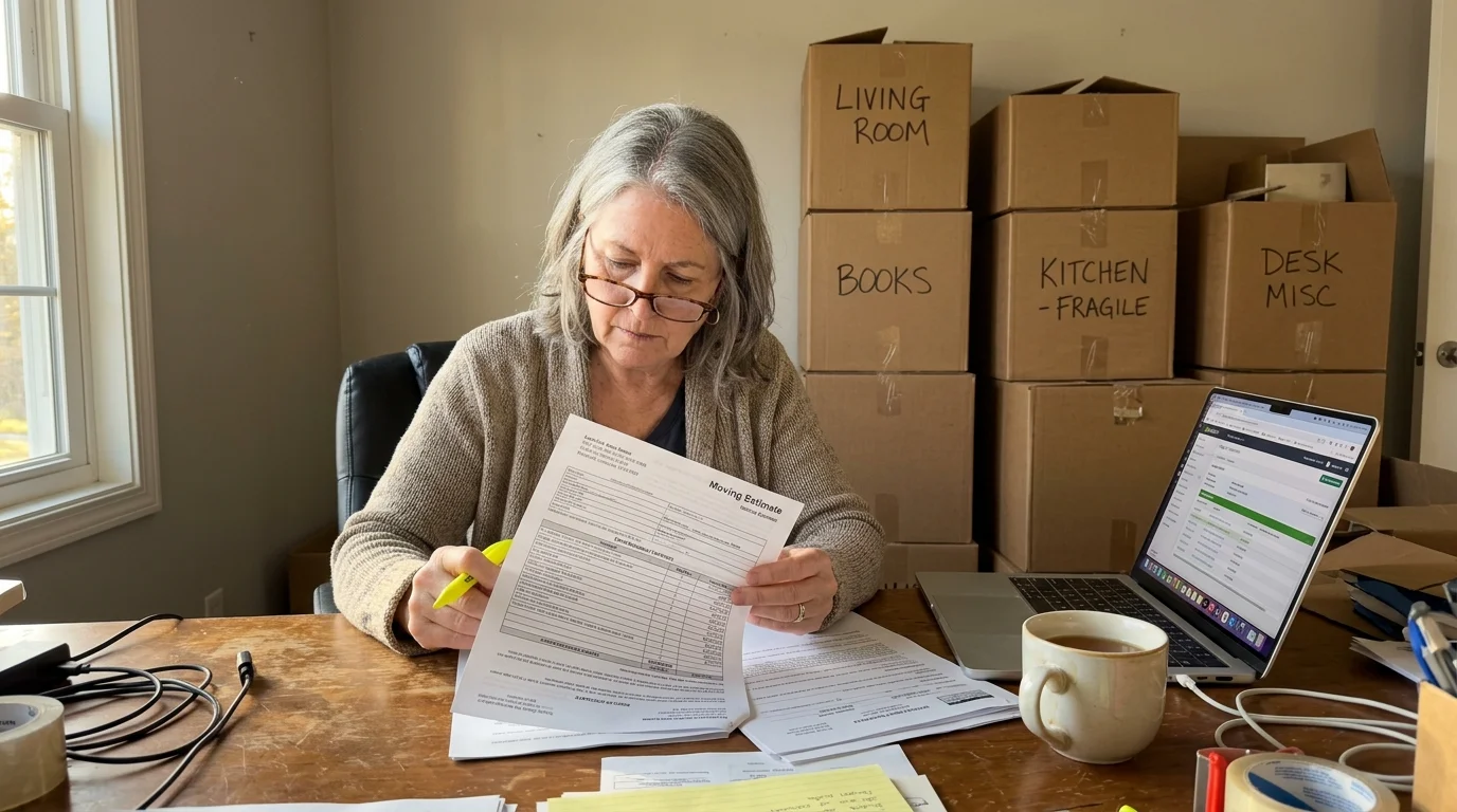 A mature woman reviews a moving estimate paper at a desk surrounded by cardboard packing boxes and a laptop.
