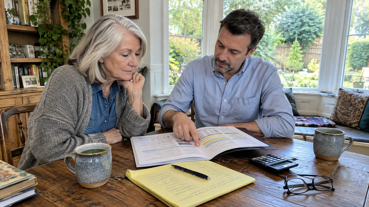 A man and a senior woman sit at a wooden table reviewing financial documents together beside a notepad and calculator.