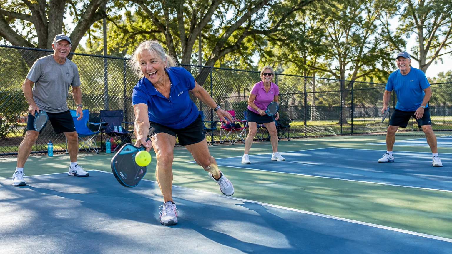 Four smiling older adults play doubles pickleball with paddles on an outdoor blue and green court on a sunny day.