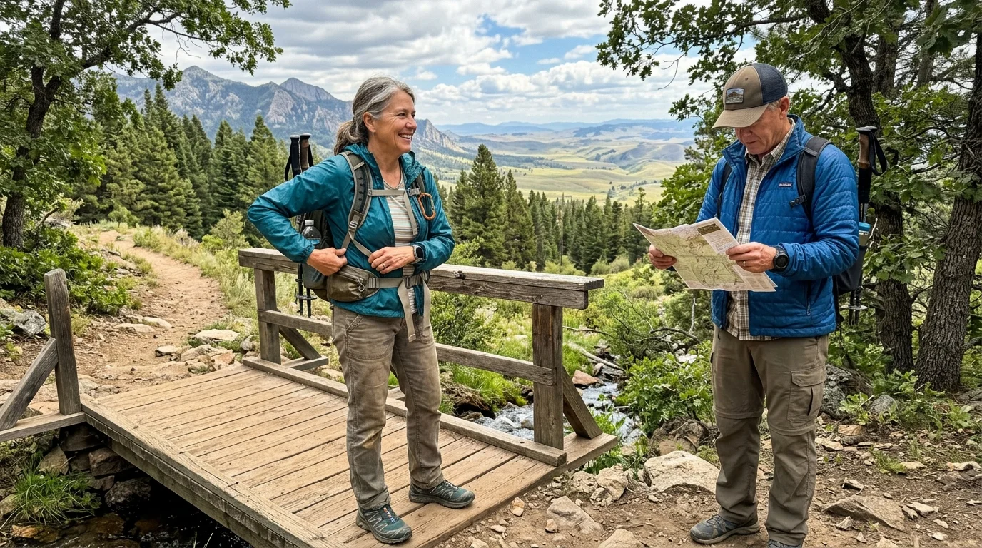 A man and woman with backpacks stand on a wooden trail bridge overlooking mountains while reading a paper map.