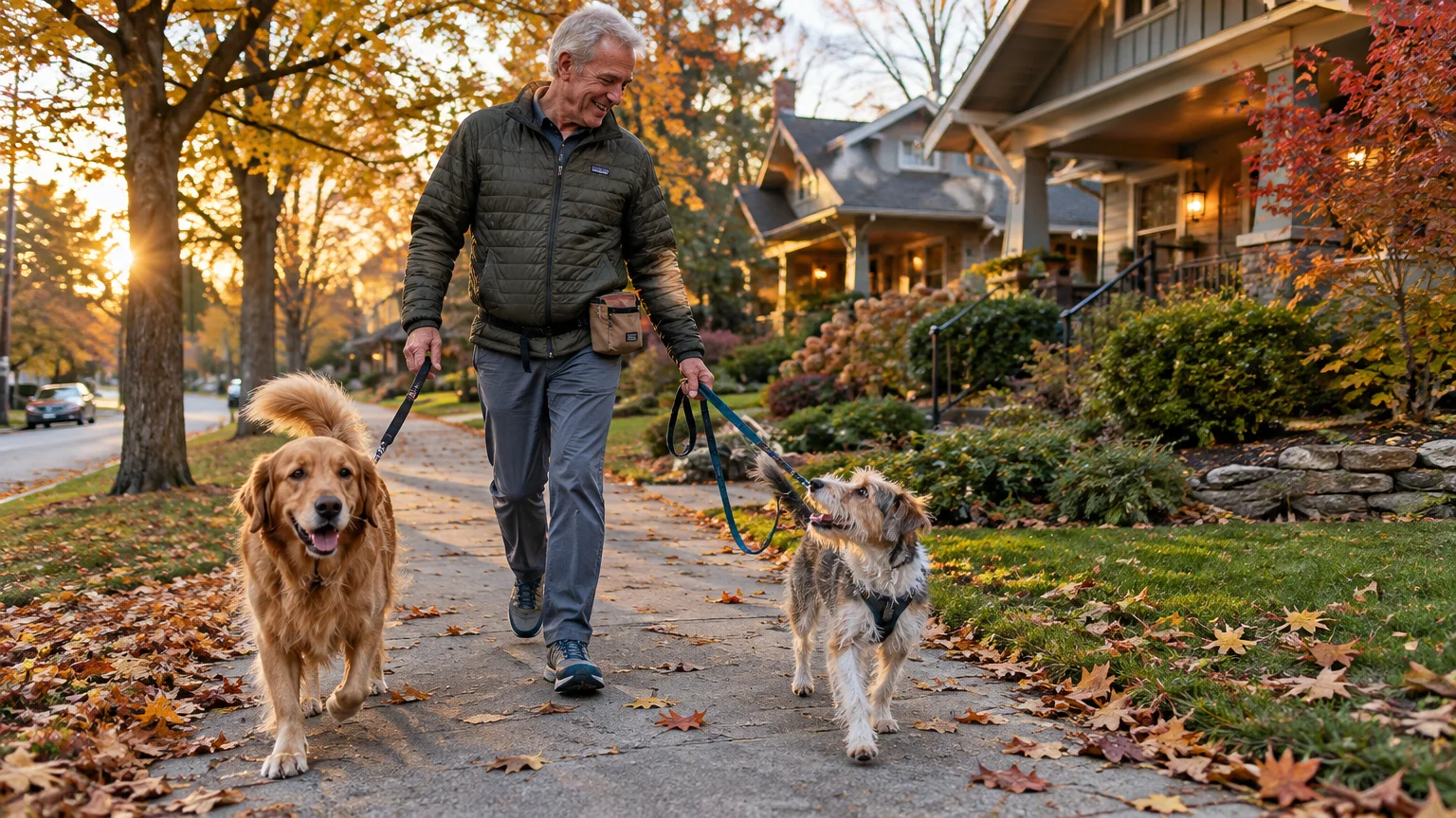 A smiling older man walking two leashed dogs down a sidewalk lined with autumn leaves and suburban houses.