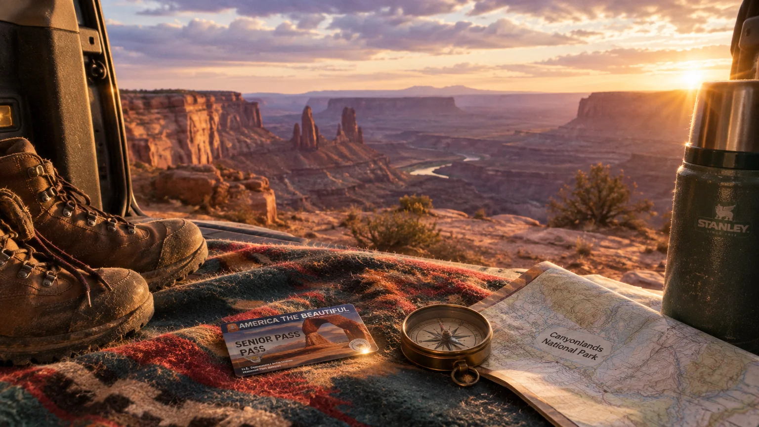View from an open car trunk showing hiking boots, a thermos, a compass, a map, and a park pass overlooking a canyon sunrise.