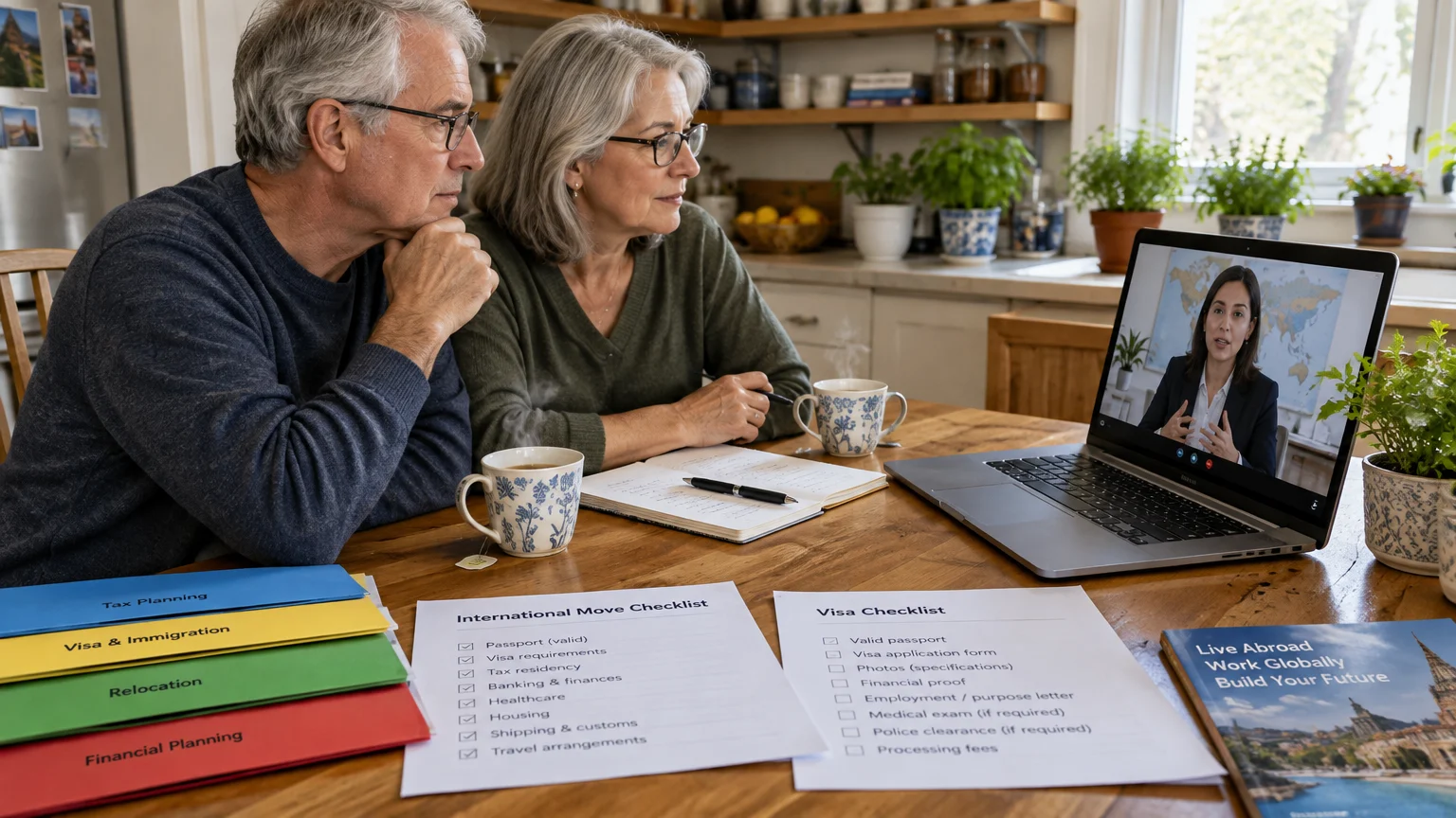 Older couple at a kitchen table on a laptop video call with an advisor, surrounded by visa and relocation checklists.