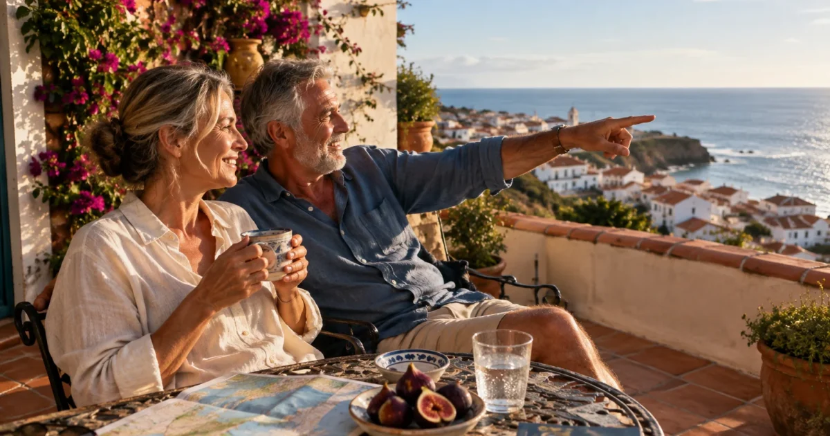 An older couple relaxes on a terrace overlooking a coastal Mediterranean town while the man points toward the sea.