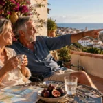 An older couple relaxes on a terrace overlooking a coastal Mediterranean town while the man points toward the sea.