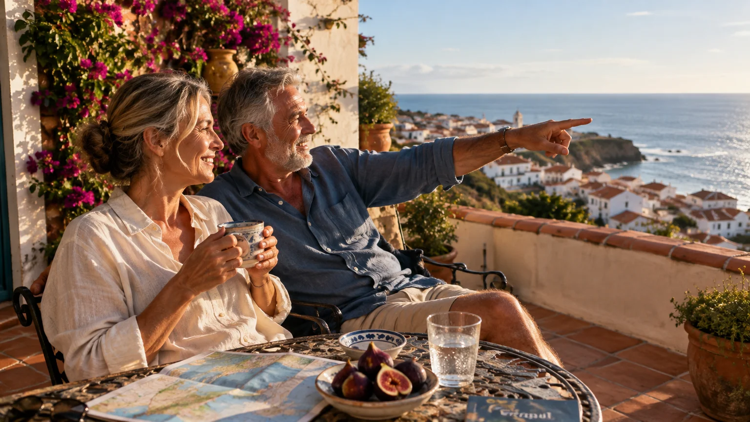 An older couple relaxes on a terrace overlooking a coastal Mediterranean town while the man points toward the sea.
