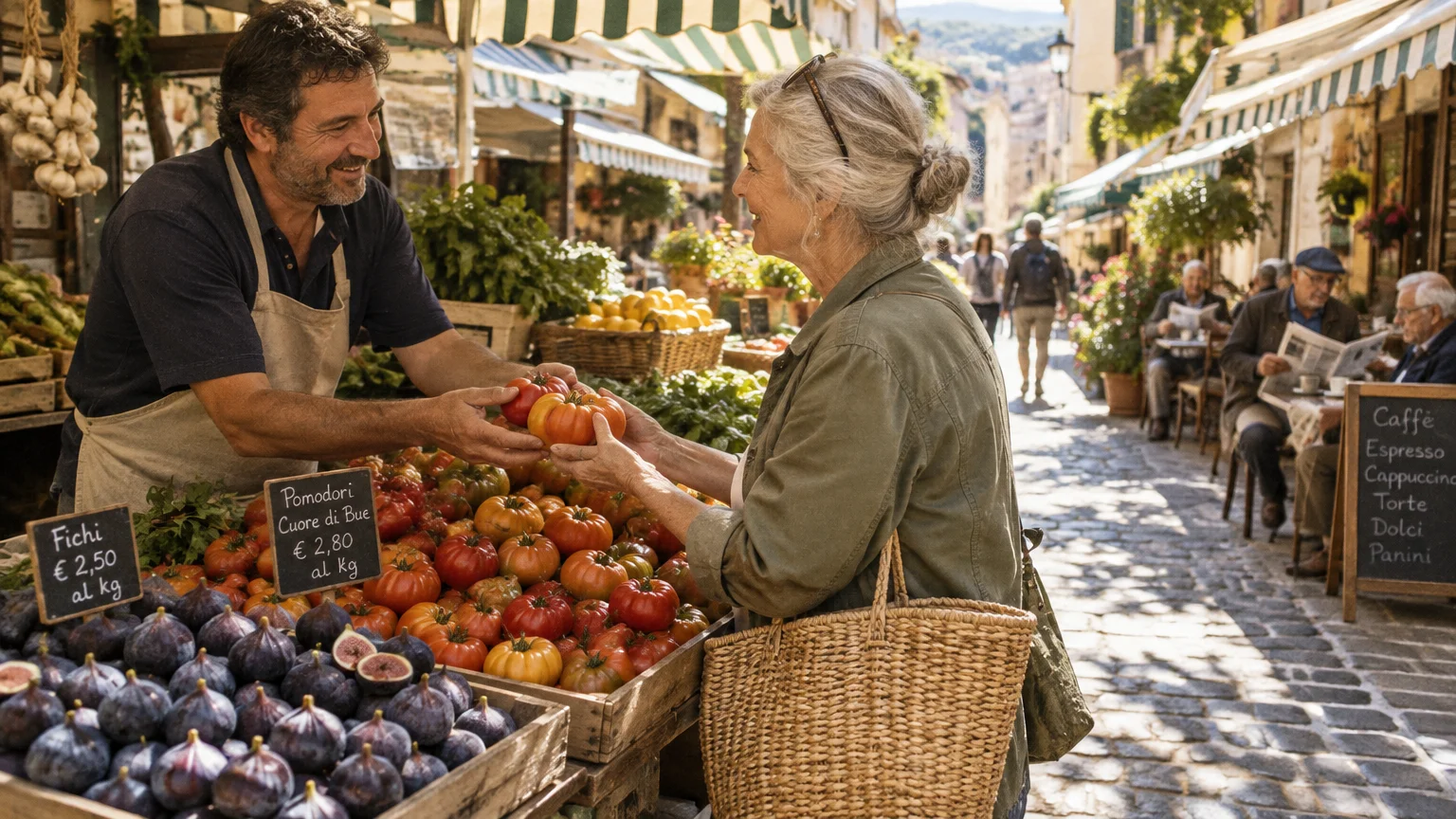 An older woman buys fresh heirloom tomatoes from a smiling vendor at a sunny European outdoor street market.