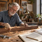 Senior bearded carpenter brushes wood shavings off a timber beam on a workbench beside blueprints in a workshop.