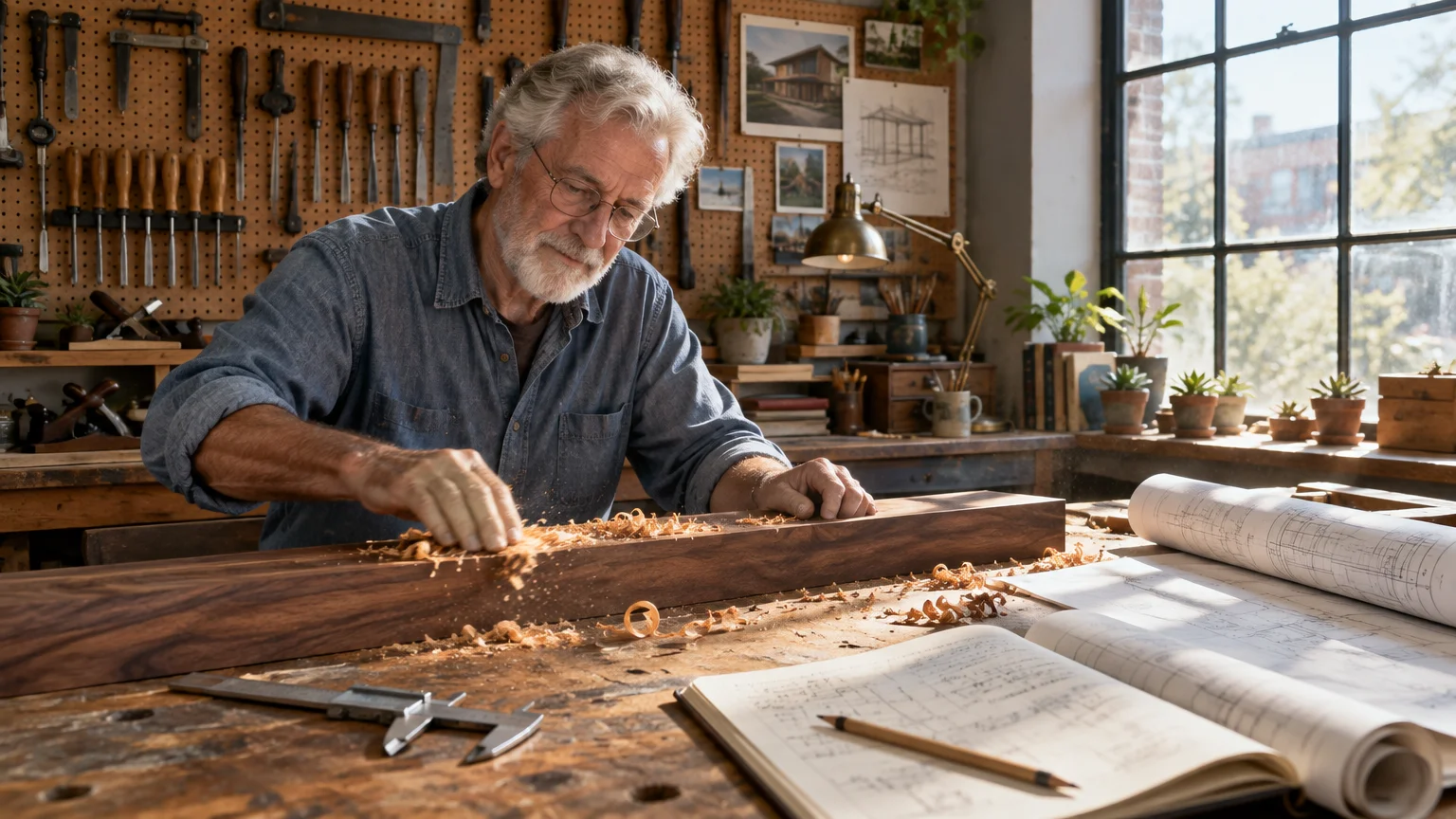 Senior bearded carpenter brushes wood shavings off a timber beam on a workbench beside blueprints in a workshop.
