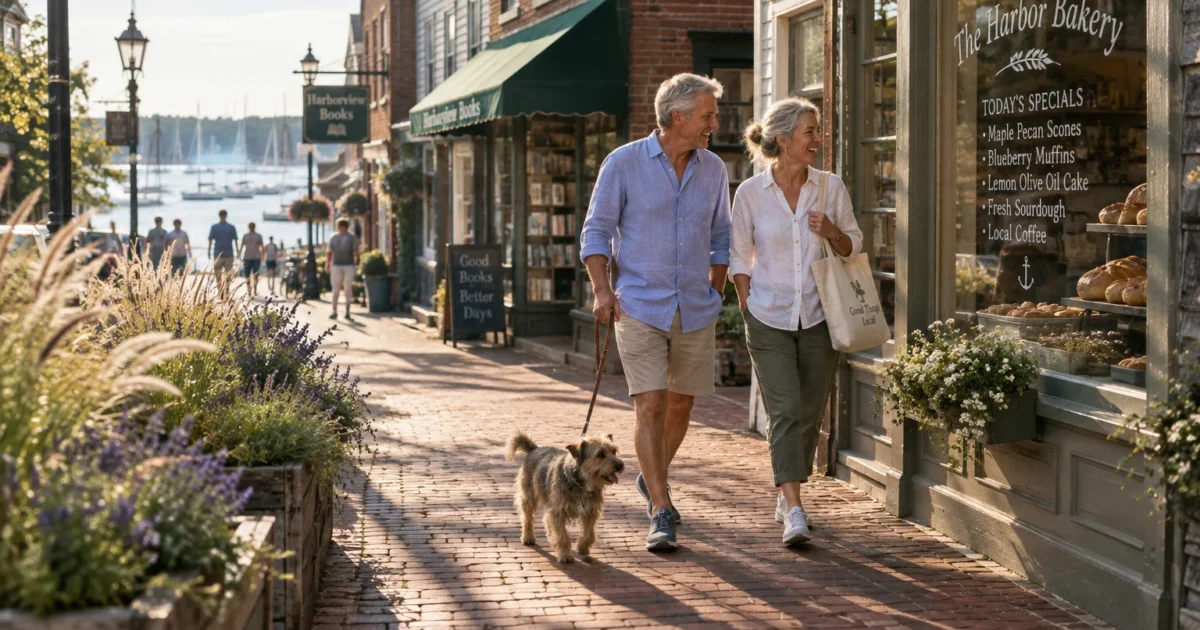 An older couple smiles while walking their small dog down a sunny brick sidewalk lined with shops near a harbor.