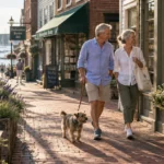 An older couple smiles while walking their small dog down a sunny brick sidewalk lined with shops near a harbor.