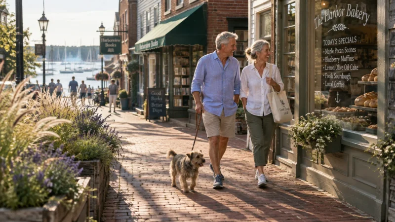 An older couple smiles while walking their small dog down a sunny brick sidewalk lined with shops near a harbor.