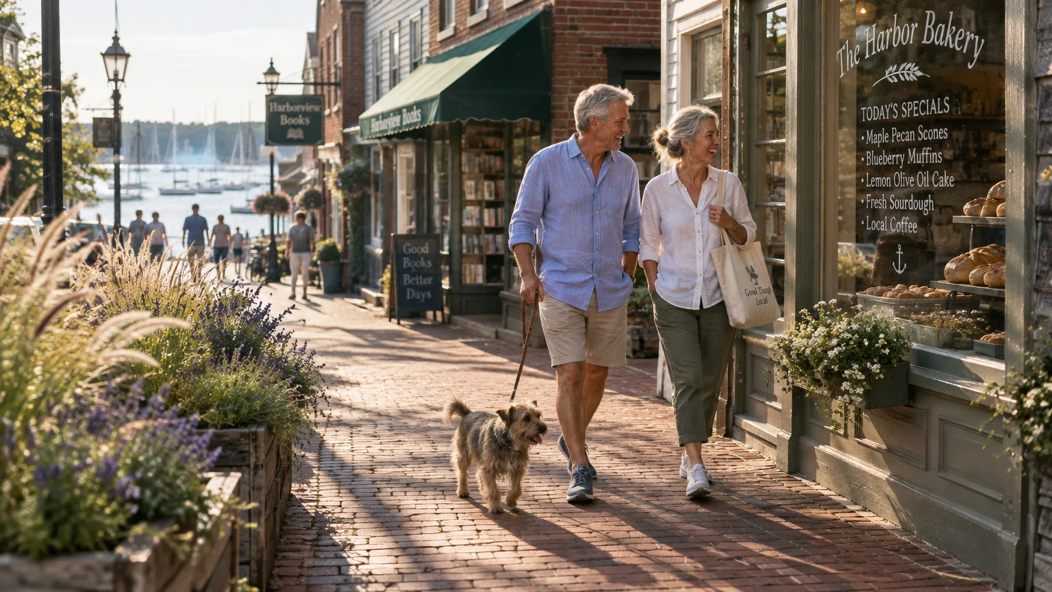 An older couple smiles while walking their small dog down a sunny brick sidewalk lined with shops near a harbor.