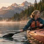An older man and woman in life jackets smile while paddling kayaks on a mountain lake at sunrise.